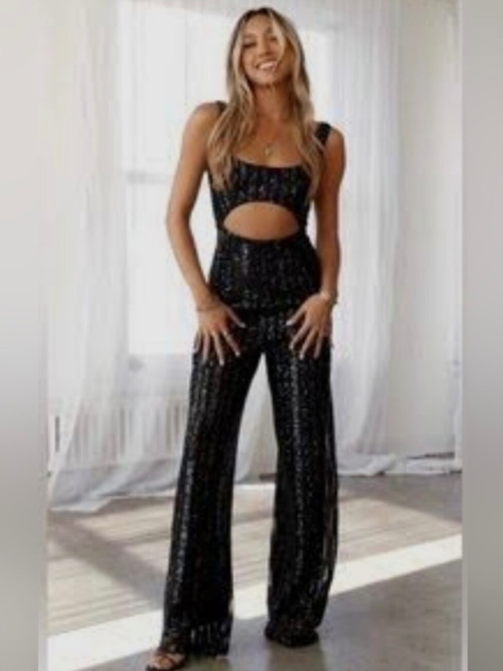 Hello Molly Twilight Romance Sequin Jumpsuit Med US 6 Black Cut Out Glam